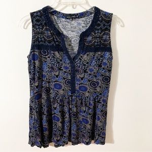 rxb Jersey Knit Sleeveless Blouse with Ruffles Peplum Crocheted Lace Details